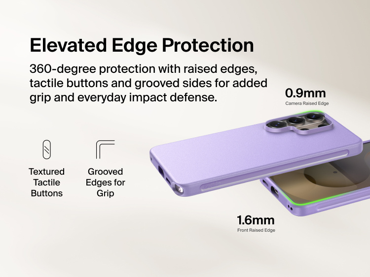 Belkin SheerForce Protect Series Case for Samsung Galaxy S26 featuring elevated edge protection with raised camera and screen edges, tactile buttons, and grooved sides for enhanced grip and everyday impact defense.
