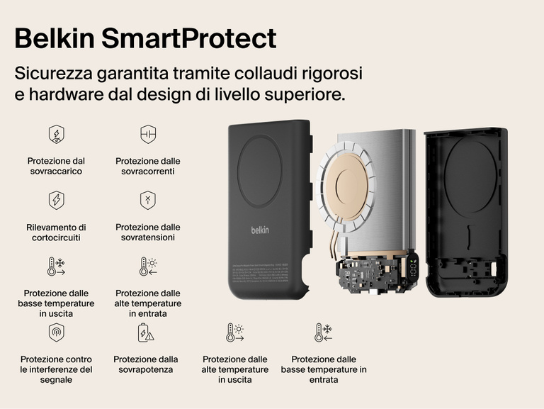 Belkin UltraCharge Pro Power Bank 10K with magnetic ring shown attached to a smartphone, highlighting a precharged battery and ready-to-use portable wireless charging straight out of the box.