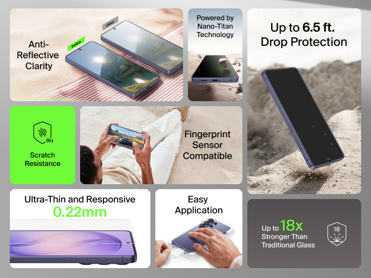 Belkin ScreenForce Titan SmartShield Anti-Reflective Screen Protector for Samsung Galaxy S26 highlighting 9H scratch resistance, up to 6.5 ft drop protection, fingerprint sensor compatibility, ultra-thin 0.22 mm design, easy application, and glare-reducing clarity.