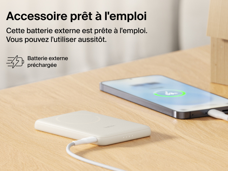 Belkin BoostCharge Slim Magnetic Power Bank 5K with Qi2 shown precharged and ready to deliver fast, portable wired or magnetic wireless charging straight out of the box.