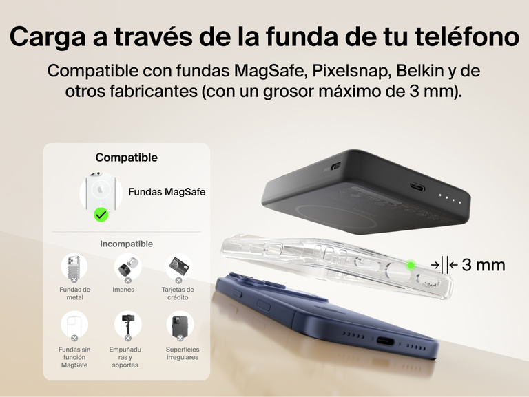 Belkin BoostCharge Slim Magnetic Power Bank 10K charging through a MagSafe-compatible phone case up to 3mm thick with clear compatibility and non-compatible case examples