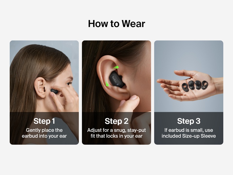 Belkin SoundForm Anywhere Wireless Earbuds with step-by-step guide showing how to wear and adjust for a secure, comfortable fit using size-up sleeves if needed.