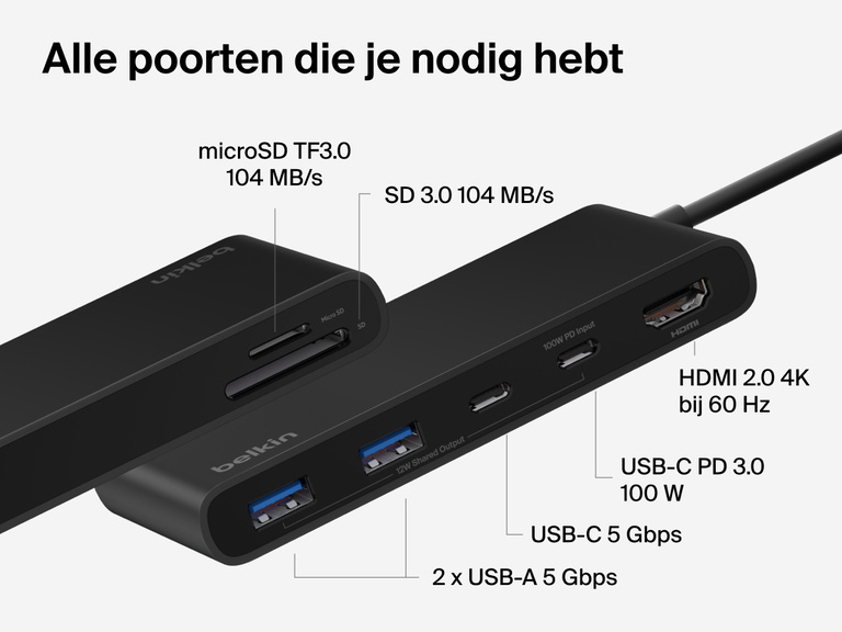 Belkin Connect 7-Port USB-C Hub with Dual USB-C Ports showing HDMI, USB-C PD, USB-A, SD, and microSD slots labeled with speeds and power output.