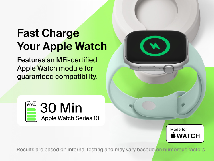 Belkin UltraCharge Pro 2-in-1 Convertible Magnetic Charger with Qi2 25W fast charges Apple Watch using an MFi-certified module, delivering up to 80% charge in about 30 minutes for compatible models.