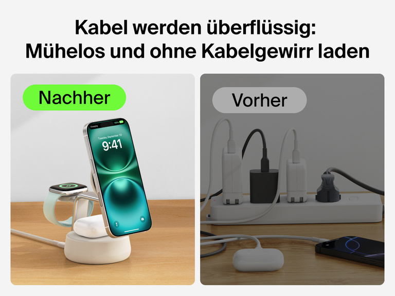 Die Belkin UltraCharge Pro magnetische 3-in-1-Ladestation mit Qi2 25W bietet eine stylische Lösung zum mühelosen, kabellosen Laden des iPhones, der Apple Watch und der AirPods ohne Kabelgewirr.
