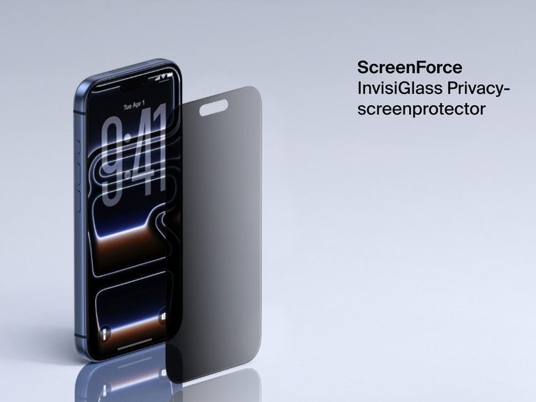 Belkin ScreenForce InvisiGlass Privacy Screen Protector for iPhone adds screen protection with side-angle privacy filter.