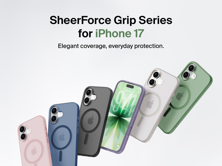 Belkin SheerForce Grip Series protective case for iPhone 17 shown in pink, clear, and black with slim design and MagSafe compatibility.