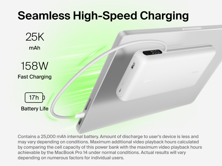 Belkin UltraCharge Pro Laptop Power Bank 25K delivering up to 158W fast charging with integrated USB-C cable connected to a laptop, 25,000 mAh capacity and digital display