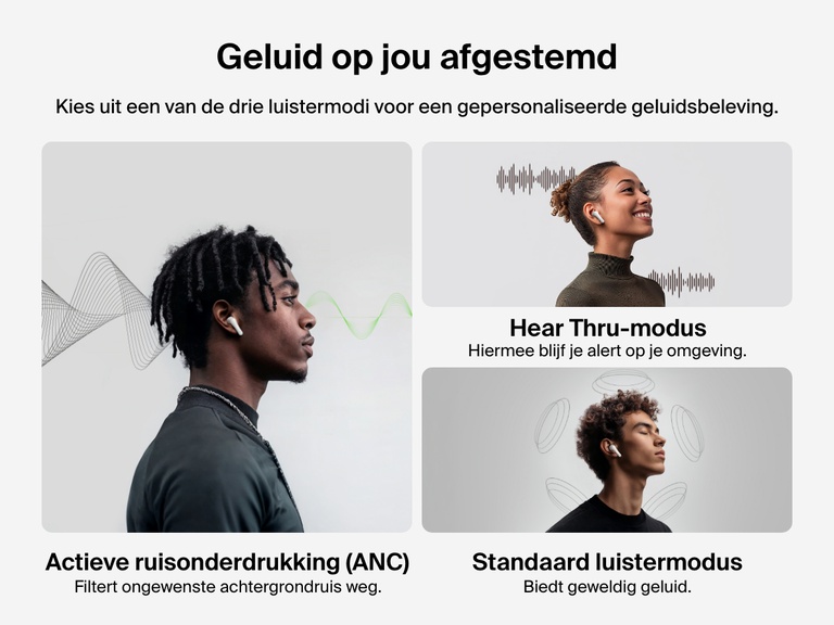 Afbeelding met de drie luistermodi van Belkin SoundForm Rhythm earbuds met actieve ruisonderdrukking — Actieve ruisonderdrukking, Hear-Thru-modus en Standaard luistermodus — voor een gepersonaliseerde luisterervaring.
