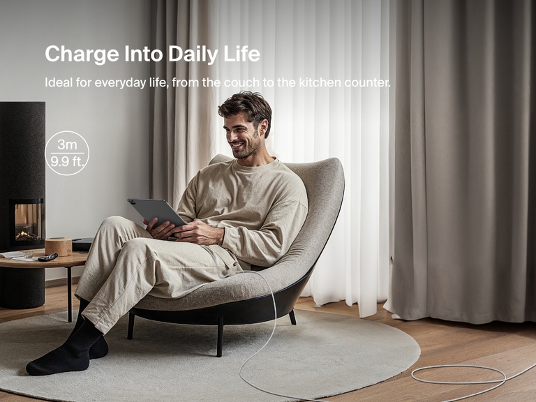 Belkin BoostCharge Pro braided USB-C to dual USB-C cable includes a built-in cable organizer for compact, travel-friendly storage and convenient 140W charging on the go.