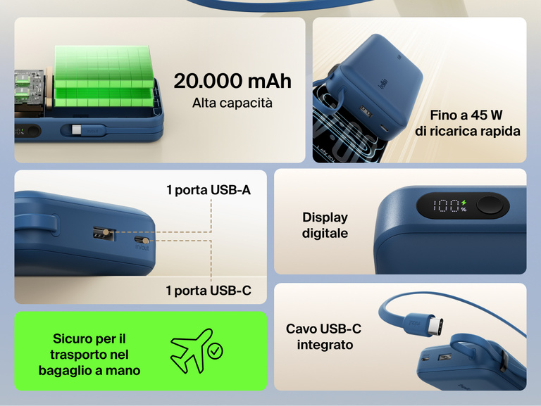 Belkin UltraCharge 20K 45W power bank with integrated USB-C cable, digital display, dual ports, and high-capacity battery for fast, travel-ready charging