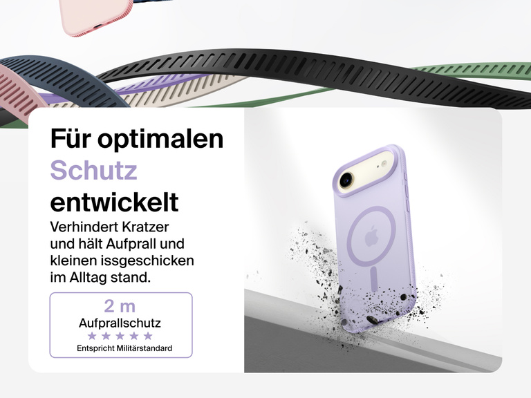 Belkin SheerForce Grip Series Case for iPhone 17 shown with textured grip and impact protection against drops.