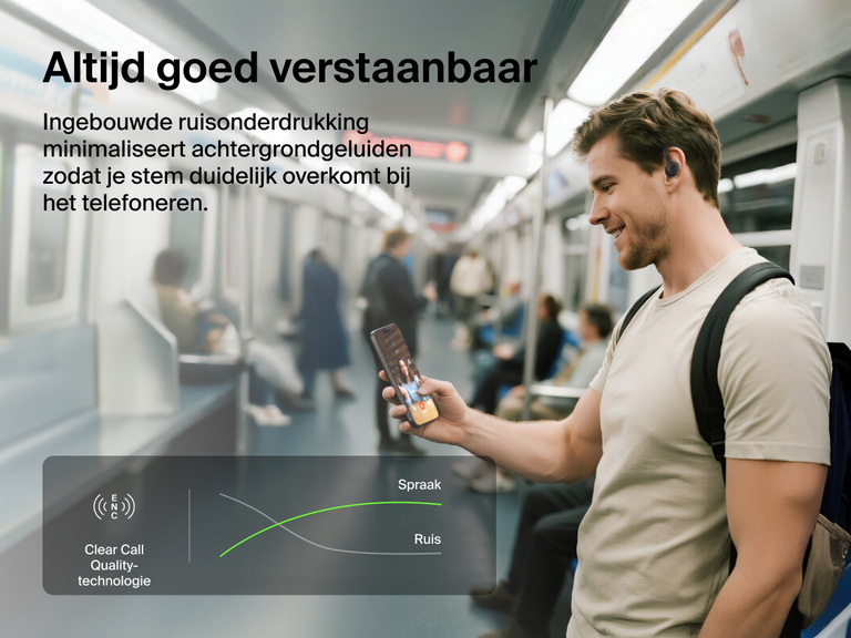 Belkin SoundForm ActiveFit Wireless Earbuds with clear call quality technology and built-in noise reduction, shown on a commuter using them on a subway train.