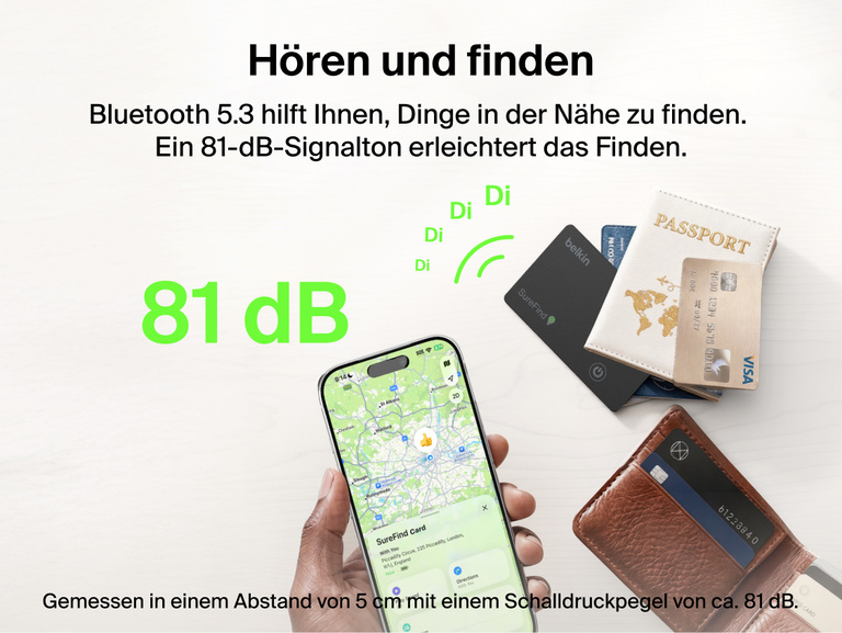 Abbildung mit einer Belkin SureFind Karte in einer Geldb&ouml;rse am Flughafen veranschaulicht Benachrichtigungen &uuml;ber zur&uuml;ckgelassene Gegenst&auml;nde, die den Benutzer informieren, wenn ein verfolgter Gegenstand zur&uuml;ckgelassen wird oder sich entfernt.