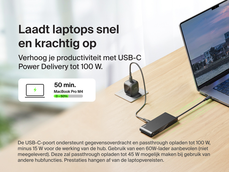 Afbeelding met een Belkin Connect 8-poorts USB-C-hub met 2,5 Gb Ethernet-poort die is aangesloten op een laptop en een wandlader en waarmee geïllustreerd wordt dat USB-C Power Delivery-technologie tot 100 W levert voor het snel en efficiënt opladen van je laptop.