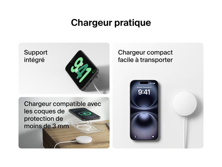 Image d'une station de recharge sans fil blanche Belkin BoostCharge Pro avec Qi2 (15 W) et qui met en avant les différents types d’utilisations, son support intégré, son design compact et sa compatibilité avec les coques de protections de moins de 3 mm d’épaisseur.