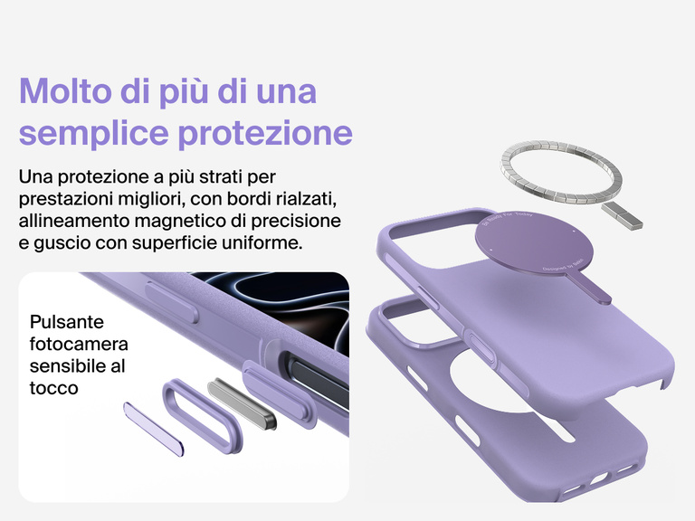 Immagine della custodia Belkin SheerForce Protect Series per iPhone 17 che evidenzia la compatibilit&agrave; con MagSafe e Qi2 per un aggancio magnetico potente a caricabatterie e altri accessori.