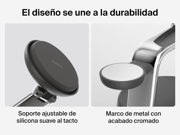 La estación magnética de carga 3 en 1 con Qi2 25W Belkin UltraCharge Pro posee un soporte base ajustable de silicona suave al tacto. A su vez, su estructura es de metal y presenta un acabado cromado con un diseño duradero y prémium.
