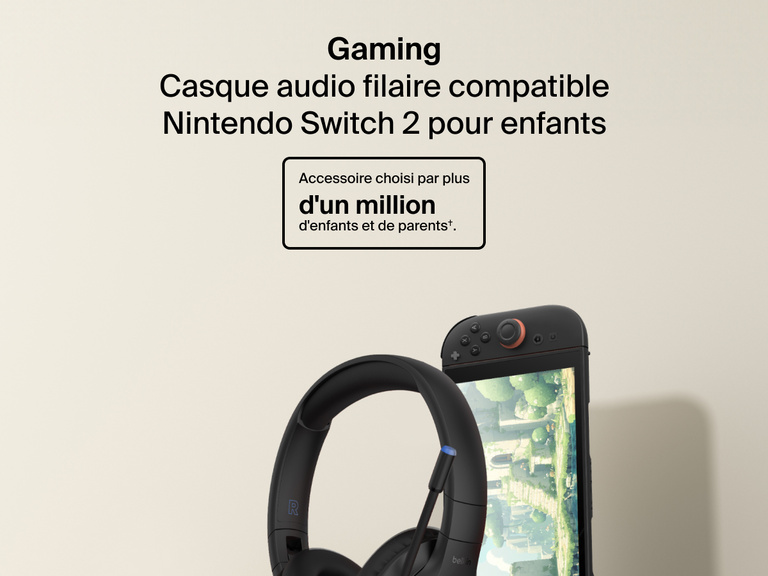 Image illustrant le casque audio filaire Belkin Gaming Inspire pour enfants compatible Nintendo Switch 2 près d'une console avec une pastille « Produit adopté par plus d'un milliard d'enfants et de parents ».