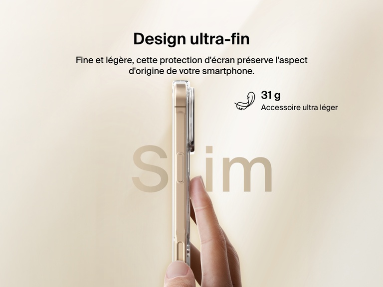 A promotional image showcasing the ultra-thin design of the SheerForce™ Magnetic iPhone Case. A hand holds the slim, lightweight case, emphasizing its minimalist form factor that maintains the phone’s natural look and feel. The text highlights the 31g ultra-light weight, ensuring a comfortable and sleek user experience.