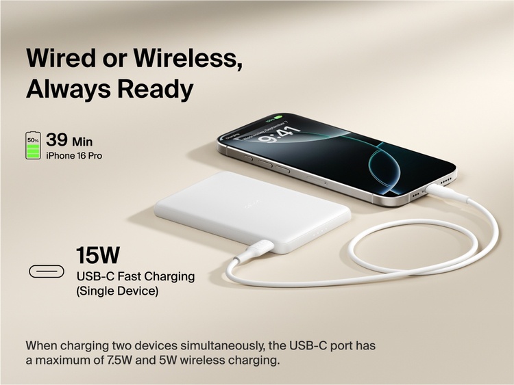 Belkin BoostCharge Slim Magnetic Power Bank 5K shown charging a smartphone via USB-C, highlighting 15W fast charging and dual wired or magnetic wireless power capability.