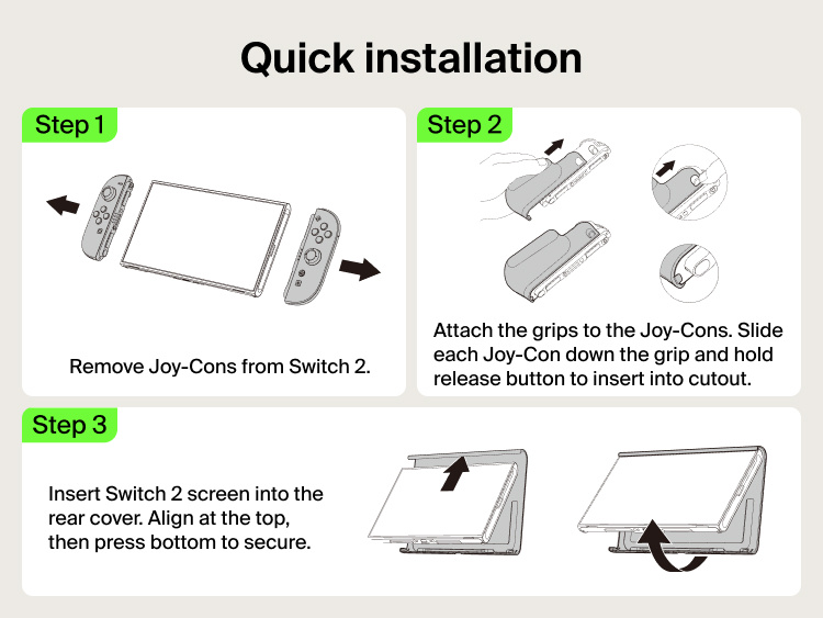 Quick installation guide for the Belkin Gaming Grip for Nintendo Switch 2 showing Joy-Con attachment, grip installation, and console setup steps.