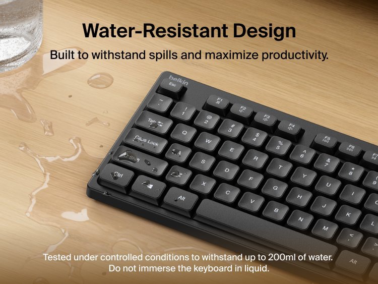 Image of the Belkin Connect Wired Keyboard and Mouse Combo highlighting the keyboard’s water-resistant design built to withstand everyday spills.