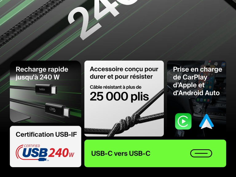 Infographie présentant le câble USB-C vers USB-C Belkin BoostCharge 240 W, qui est certifié USB-IF et résiste à plus de 25 000 plis. Il offre une recharge rapide de 240 W, ainsi qu'une prise en charge de CarPlay d'Apple et d'Android Auto.