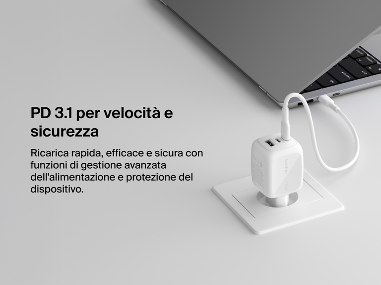 BoostCharge Pro 3-Port GaN Wall Charger 70W connected to a laptop, showcasing USB-C PD 3.1 technology for fast, efficient, and safe charging with advanced power management.