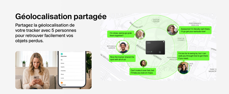 Image du mode partage de la carte Belkin&nbsp;SureFind qui permet &agrave; cinq amis ou membres de la famille de g&eacute;olocaliser un objet perdu en utilisant les cartes de g&eacute;olocalisation.