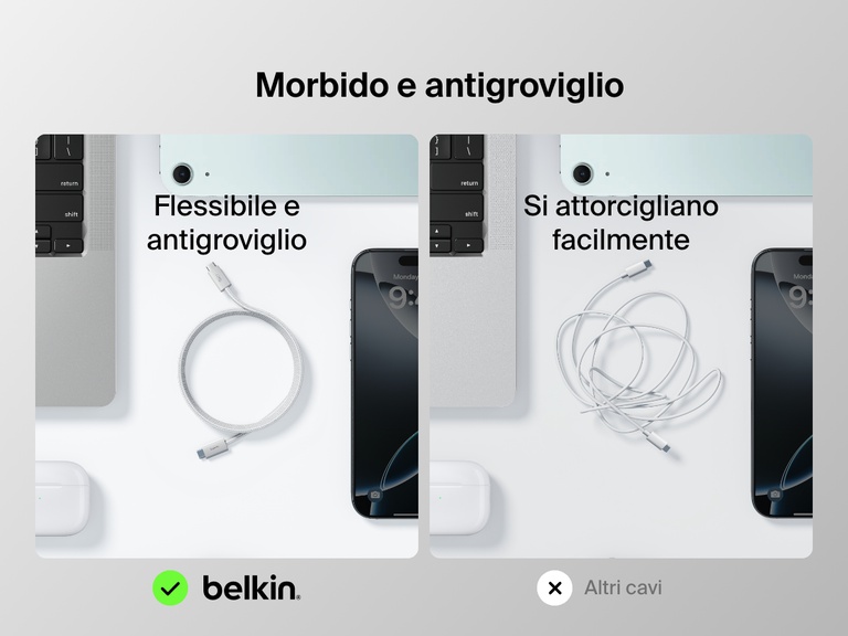 Confronto affiancato che mostra la flessibilità e la resistenza ai grovigli del cavo da USB-C a USB-C da 240 W Belkin BoostCharge, rispetto ai cavi standard che si attorcigliano facilmente.