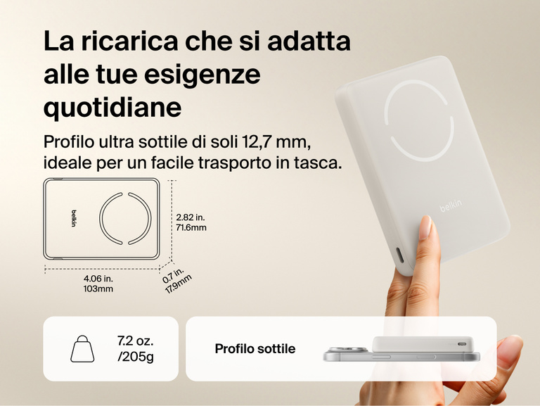 Slim Magnetic Power Bank 10K with Qi2 shown in hand and next to smartphone highlighting slim size and portability dimensions