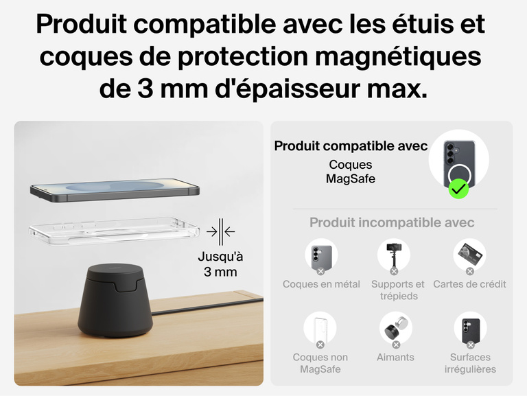 Image de la station de recharge modulaire Belkin UltraCharge avec Qi2 25&nbsp;W et sa compatibilit&eacute; avec les coques de protection magn&eacute;tiques de moins de 3&nbsp;mm d'&eacute;paisseur, son alignement optimis&eacute; pour une recharge sans fil fiable (coque en m&eacute;tal et coque avec &eacute;tui-portefeuille exclues).