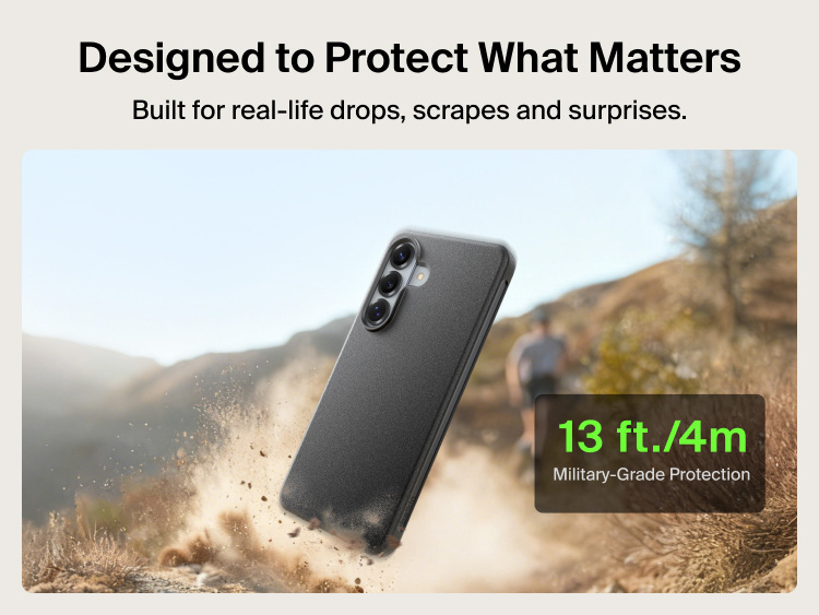 Belkin SheerForce Protect Series Case for Samsung Galaxy S26 shown with drop impact, highlighting durable everyday protection and up to 13 ft drop resistance for real-life use.