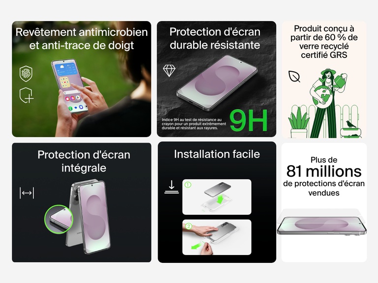 Image des caractéristiques de la protection d'écran antimicrobienne ScreenForce InvisiGlass qui met en avant son revêtement anti-traces de doigts et antimicrobien, son indice 9H de résistance aux impacts, sa composition avec 60 % de verre certifié GRS, son processus facile de pose. Une pastille indique que 81 millions de protection d'écran Belkin ont été vendues.