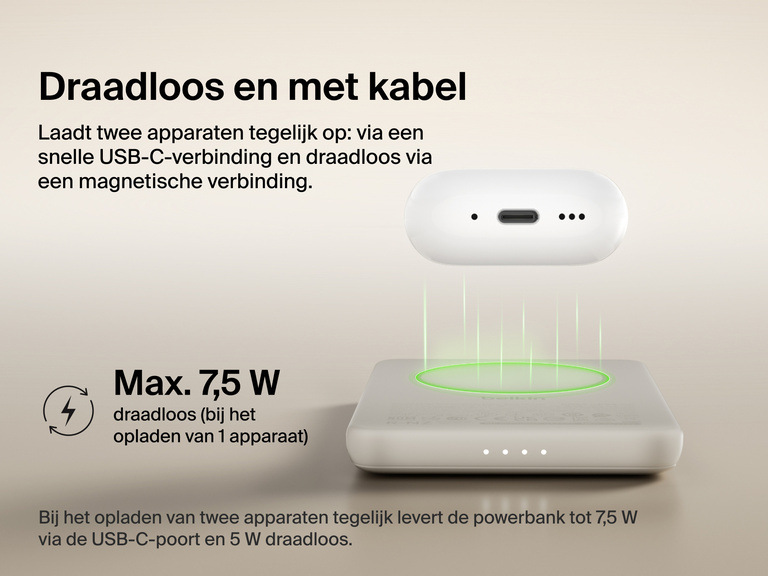Belkin BoostCharge Slim Magnetic Power Bank 5K shown wirelessly charging earbuds, demonstrating 7.5W max magnetic wireless charging for single-device power.