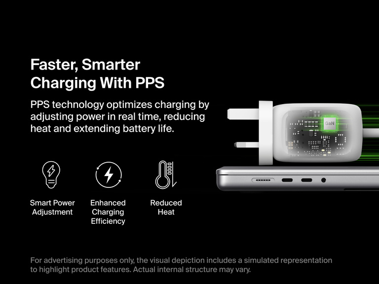 BoostCharge Pro 3-Port GaN Wall Charger 100W shown with internal PPS technology visualization, enabling smart power adjustment for reduced heat, improved efficiency, and extended battery life.