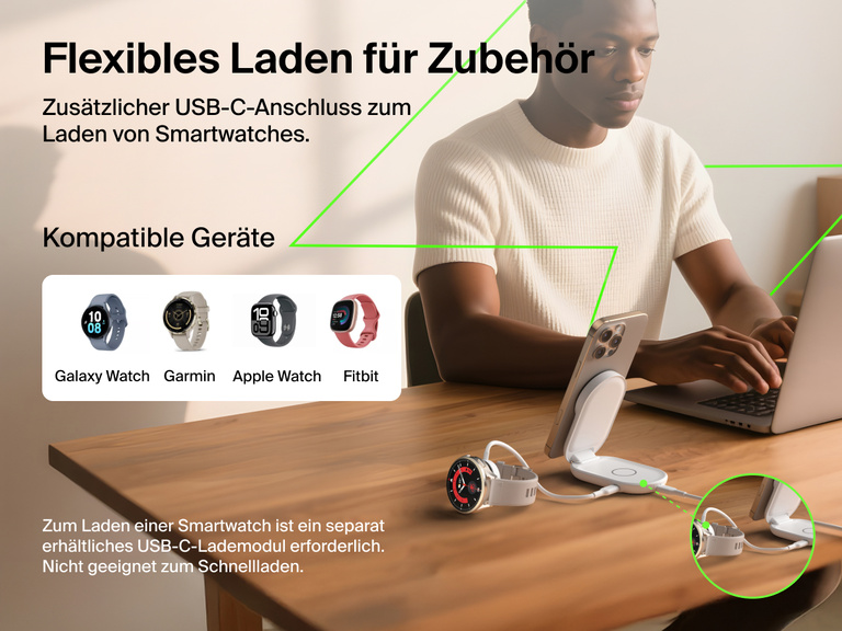 Die Belkin UltraCharge faltbare magnetische 2-in-1-Ladestation mit Qi2 25W wird beim Laden eines iPhones und einer Smartwatch über den USB-C-Anschluss gezeigt, der kompatibel mit der Apple Watch, Galaxy Watch, Garmin, und Fitbit ist.