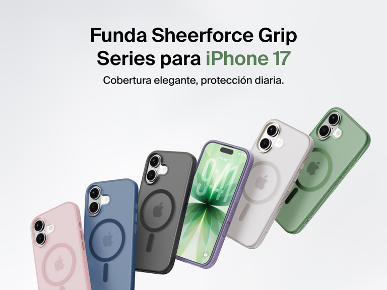 Belkin SheerForce Grip Series protective case for iPhone 17 shown in pink, clear, and black with slim design and MagSafe compatibility.