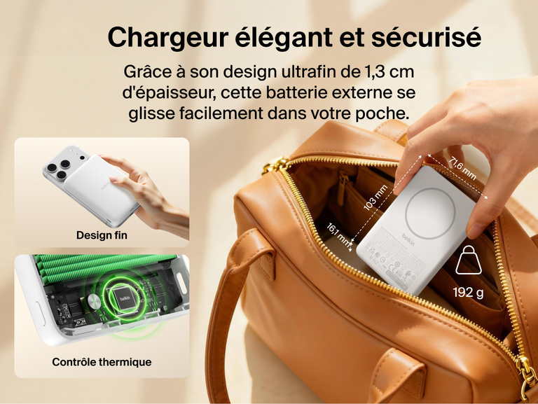 Belkin BoostCharge Slim Magnetic Power Bank 10K shown slipping easily into a bag with slim 0.5-inch profile, highlighting portable design and smart thermal control features