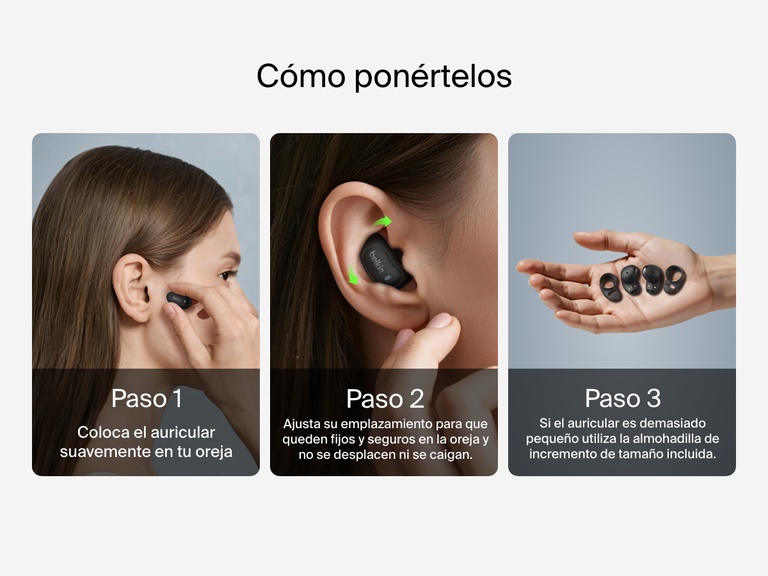 Belkin SoundForm Anywhere Wireless Earbuds with step-by-step guide showing how to wear and adjust for a secure, comfortable fit using size-up sleeves if needed.