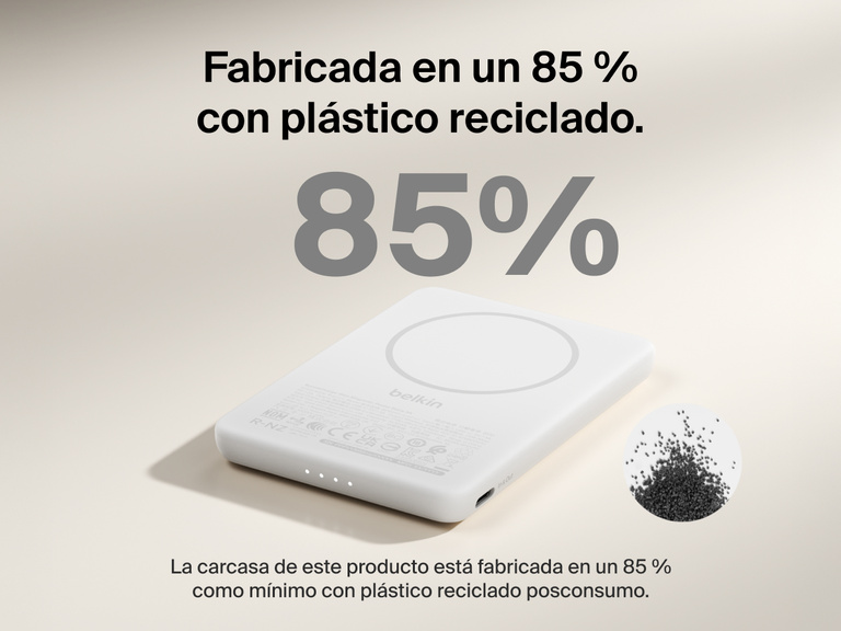 Belkin BoostCharge Slim Magnetic Power Bank 5K shown with text highlighting that its housing is made from 85% post-consumer recycled plastic for sustainable design.