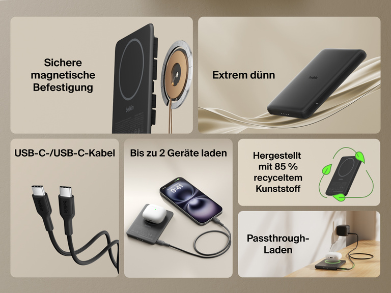 Belkin BoostCharge Slim Magnetic Power Bank 5K shown highlighting key features including secure magnetic ring, ultra-slim design, USB-C to USB-C cable, dual device charging, recycled materials, and pass-through charging capability.