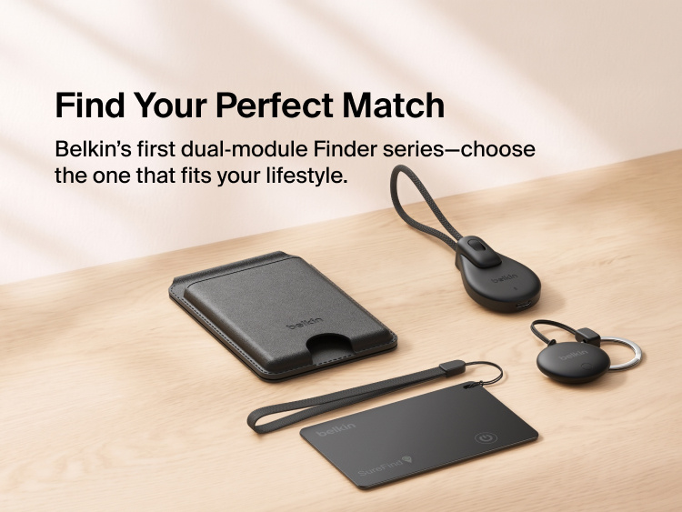 Belkin Finder series displayed on a tabletop includes SureFind Card and multiple compact trackers with straps, key rings and a wallet accessory.