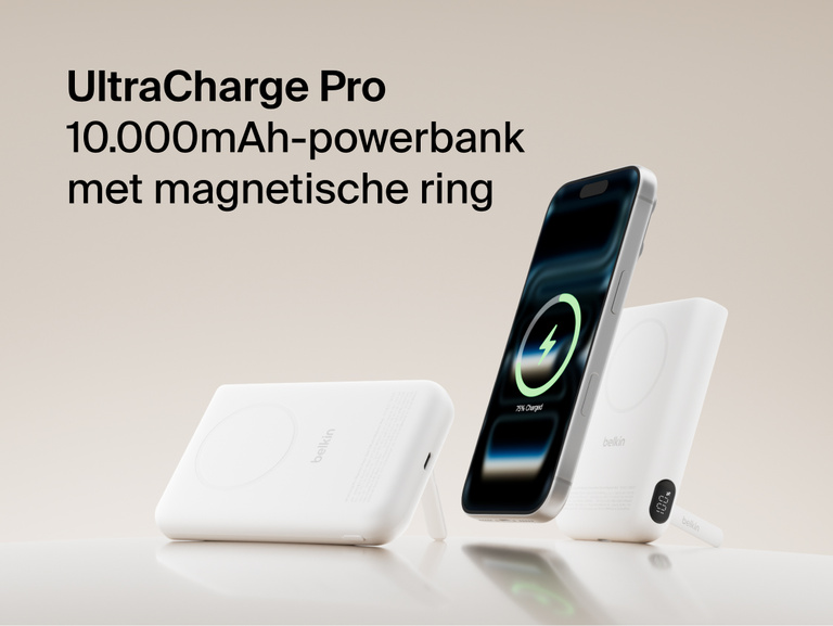 Belkin UltraCharge Pro Power Bank 10K with magnetic ring shown wirelessly charging a smartphone, featuring a slim portable battery design for on-the-go fast charging.