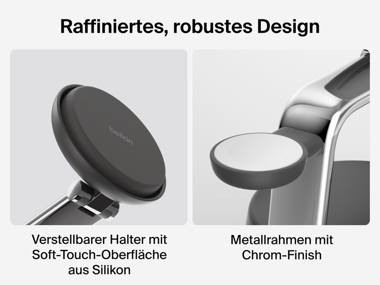 Die Belkin UltraCharge Pro magnetische 3-in-1-Ladestation mit Qi2 25W ist mit einem verstellbaren Ständer mit Soft-Touch-Oberfläche aus Silikon und einem stylischen, stabilen, verchromten Metallrahmen versehen.