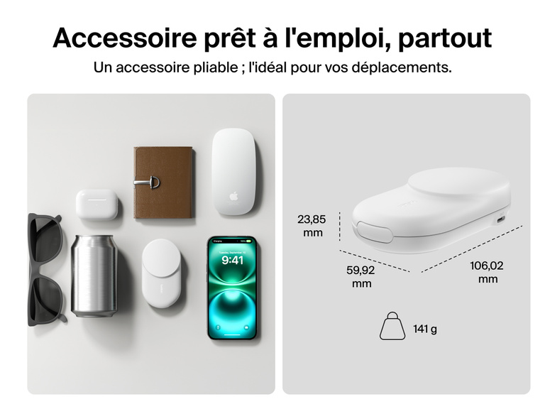 Socle de recharge 2-en-1 aimanté et pliable Belkin UltraCharge avec Qi2 25 W au design compact, idéal pour les déplacements, avec un poids de 162 g, parfait pour charger partout.
