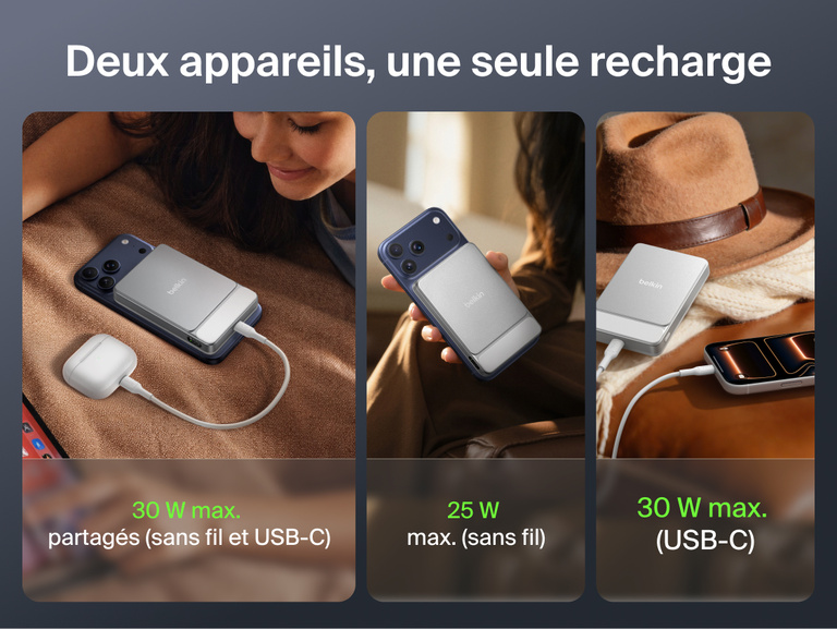 Belkin UltraCharge Slim Magnetic Power Bank 10K shown powering devices across everyday carry, work, travel, and business use scenarios with magnetic wireless charging and portable design