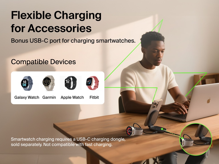 Belkin UltraCharge 2-in-1 Foldable Magnetic Charger with Qi2 25W shown powering iPhone and smartwatch via bonus USB-C port, compatible with Apple Watch, Galaxy Watch, Garmin, and Fitbit.