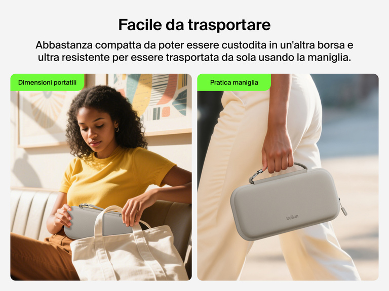 Illustrazione del supporto di ricarica magnetica compatto 3 in 1 BoostCharge Belkin mentre ricarica in modalità wireless gli AirPods, mettendo in risalto la sua compatibilità con tutti i modelli di AirPods ed AirPods Pro.